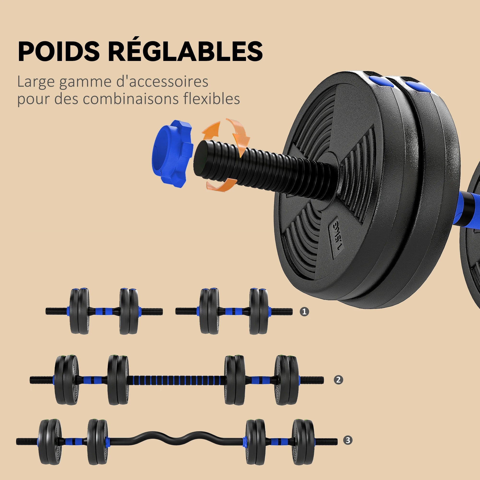 SPORTNOW Haltères Réglables 3-en-1 – Jusqu’à 15 kg